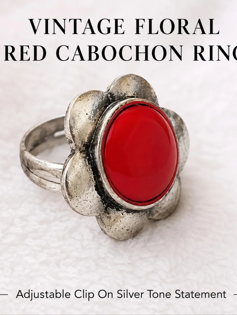 Vintage Red Cabochon Flower Adjustable Ring